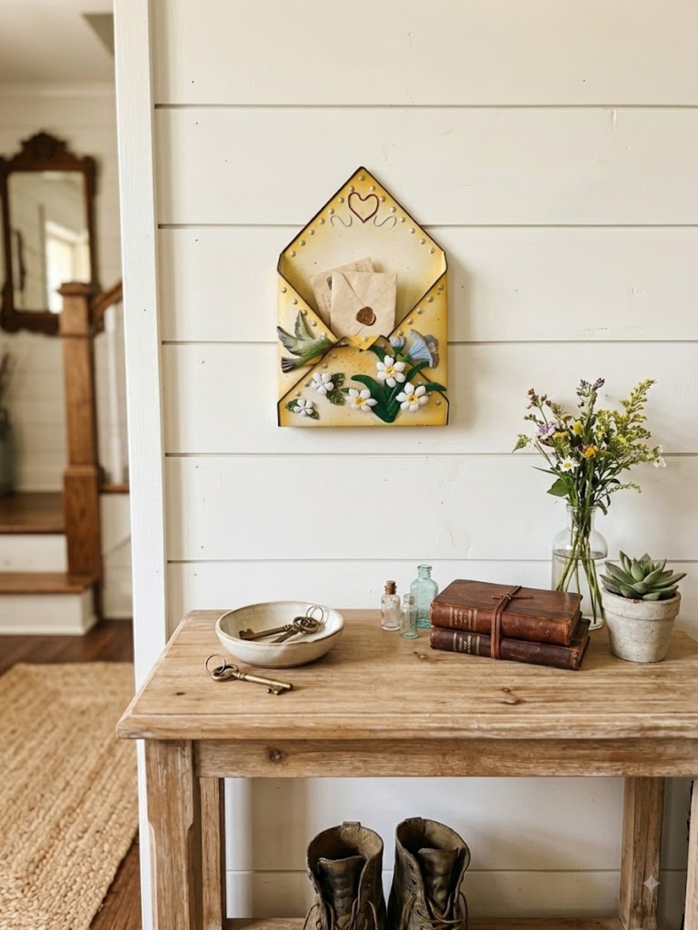 Vintage Style Metal Mail Holder Wall Pocket — Hummingbird & Floral Envelope